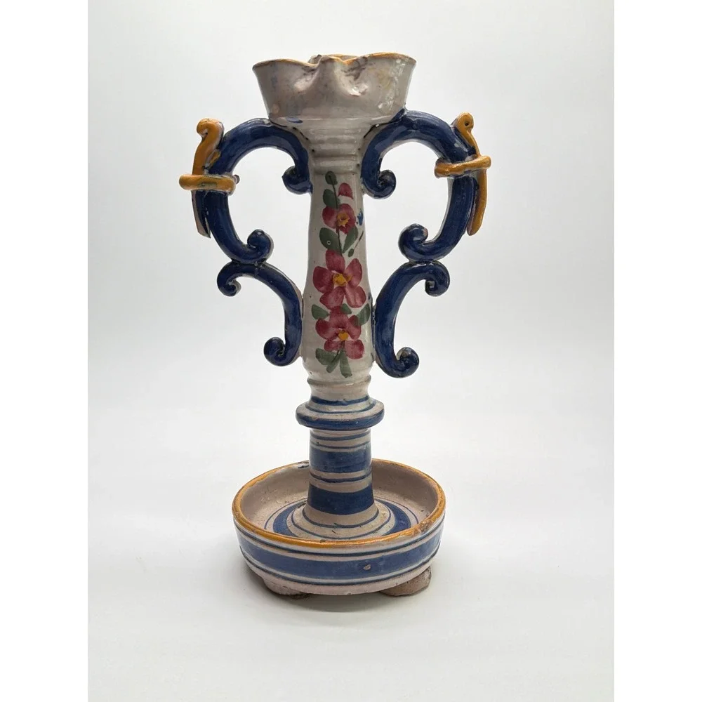 Vintage Italian Majolica Pottery Candlestick Hand Painted Floral Scroll 12.5